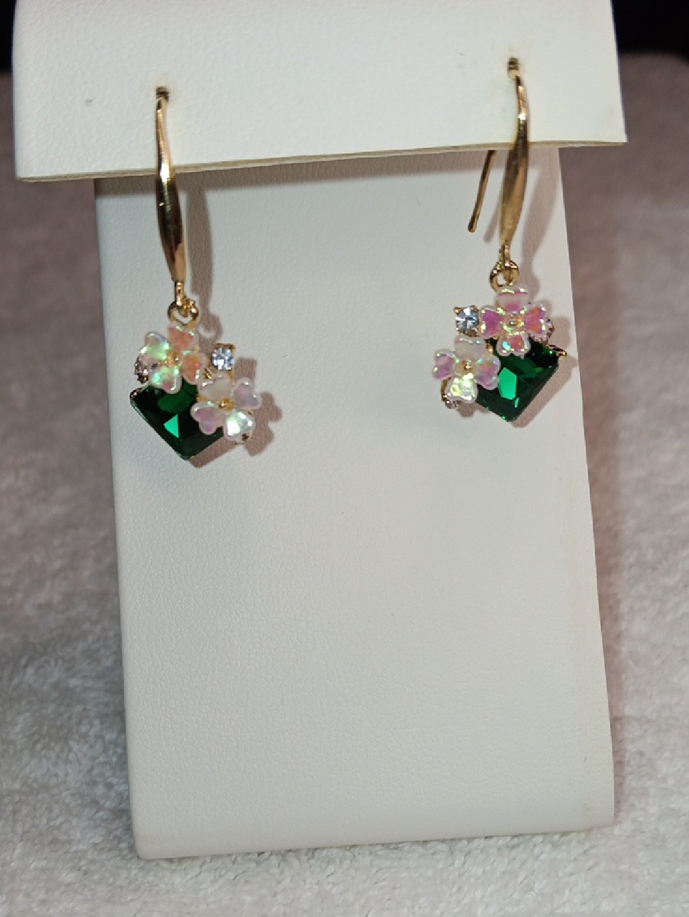925 Sterling GP Earrings with Emerald Green Crystal and Flower Accents